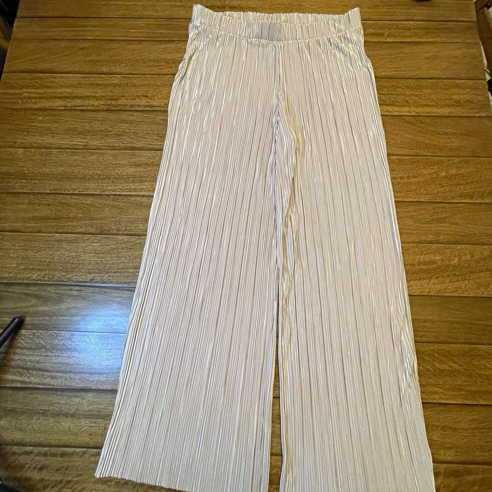 Rachel Zoe Pleated Wide-Leg Dress Pants Women L Beige Solid Pull On Elastic A123